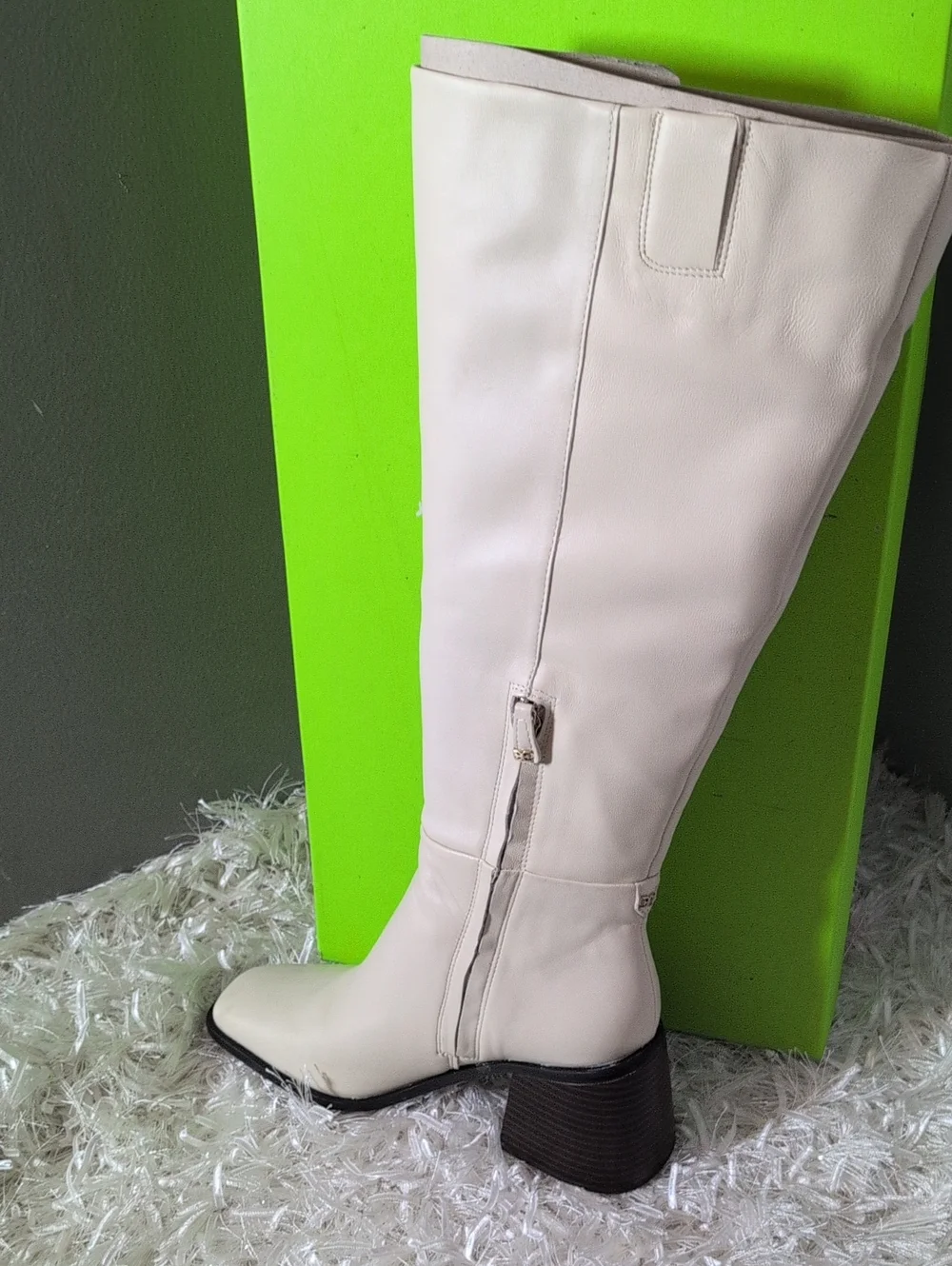 Sam Edelman Cream High-Wide Calf Block Heel Boots